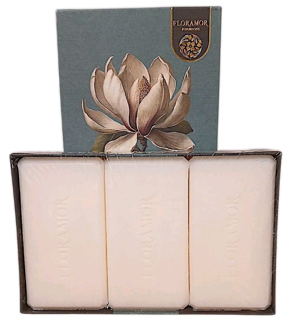 Italy 3 Soap Bars Magnolia Blossom Scent GIFT BOX FLORAMOR FIRENZE 16.8 oz Luxe
